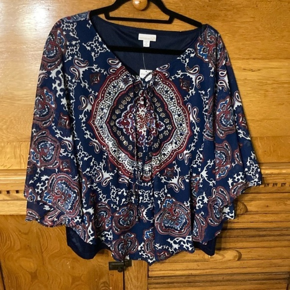 Westport 1962 Dressbarn Navy Paisley‎ Medallion Poncho Blouse NWT 1X